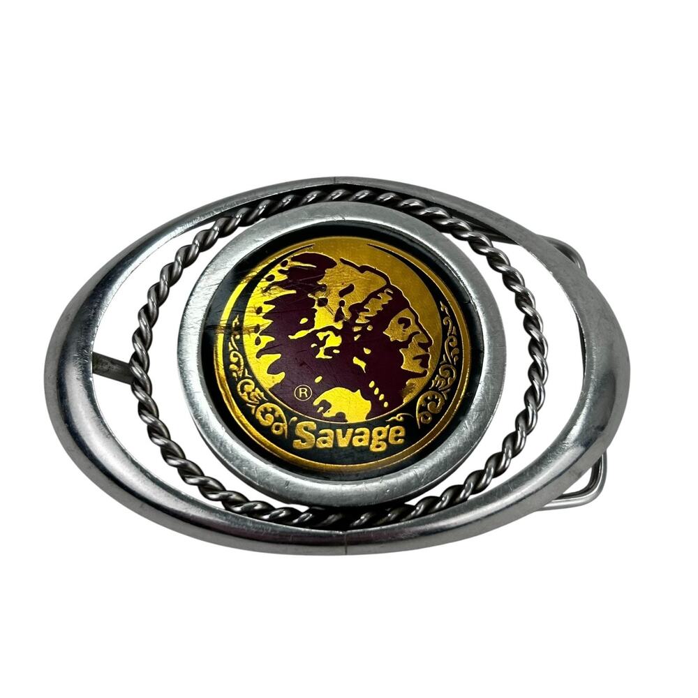 Vintage Savage Arms Indian Head Belt Buckle Maroon and Gold with Silver Buckle